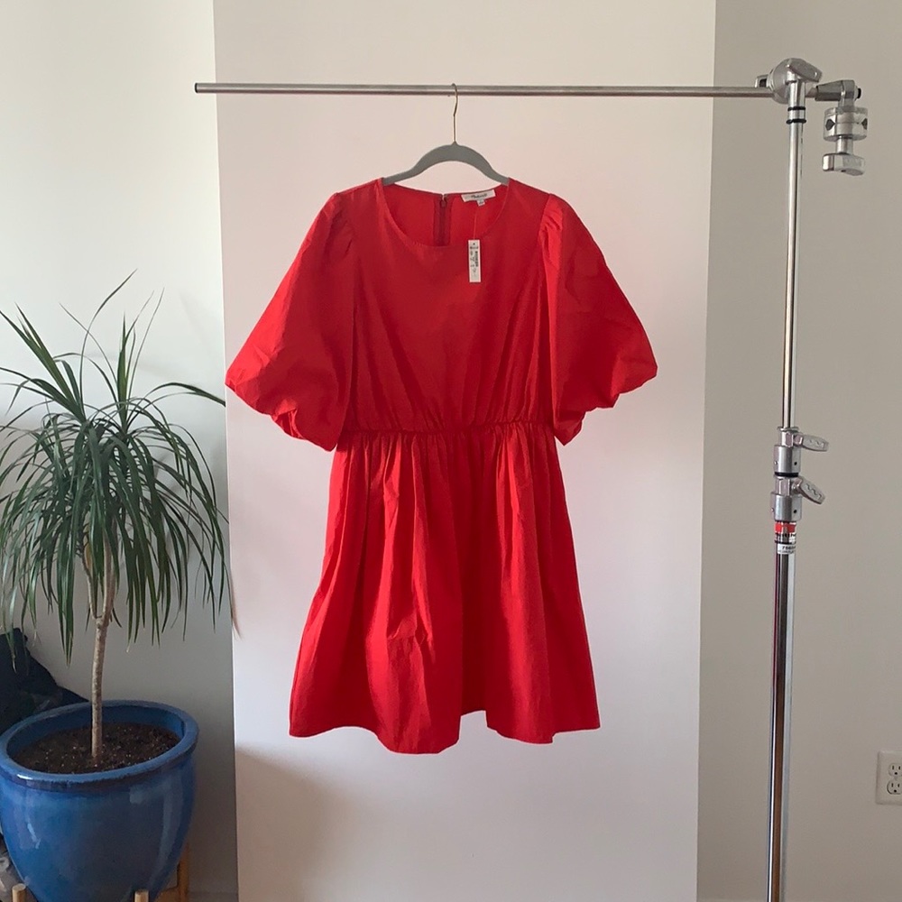 Madewell Poplin Crewneck Bubble-Sleeve Mini Dress